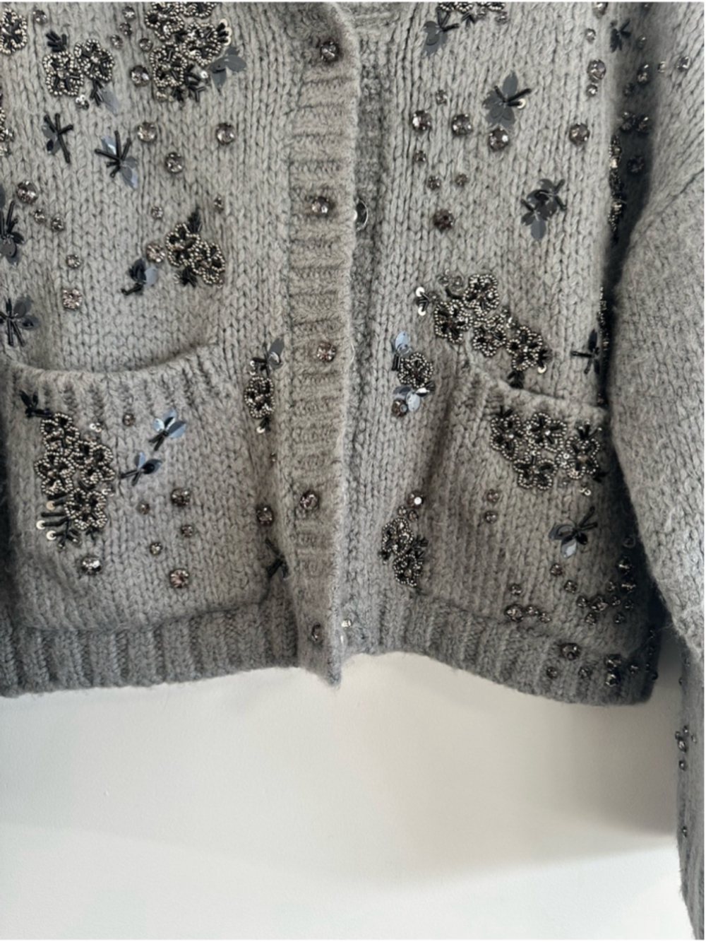 Pilcro Embellished Floral Collared Cardigan Sweater Grey Medium Anthropologie - Picture 7 of 14